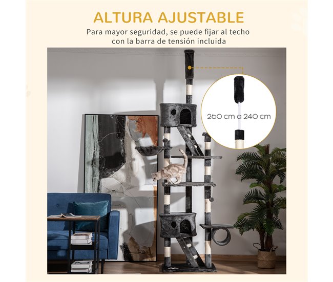 Árbol para Gatos Melamina, Cuerda de Sisal, Felpa PawHut Gris