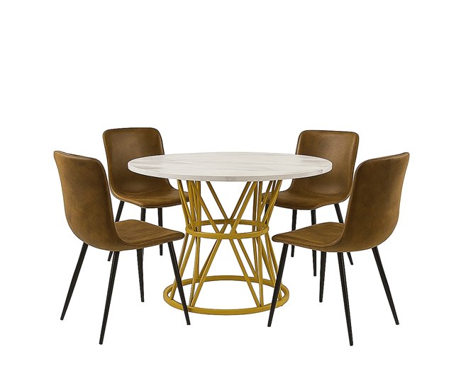 Conjunto mesa redonda efecto mármol y 4 sillas vintage Blanco