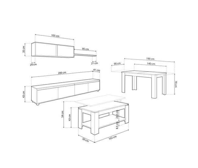 Pack salón con mesa de centro y mesa de comedor Arlet Max 200 Blanco/ Gris