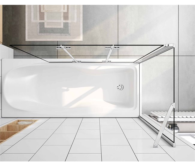 Mampara de Bañera Plegable,3 Hojas+Panel Fijo,Vidrio Templado 6mm Antical, Alture 140cm,Ancho 2cm Ajustable Blanco/ Gris