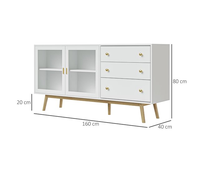 Aparador de Cocina MDF, Vidrio, Madera de Caucho HOMCOM 160 Blanco