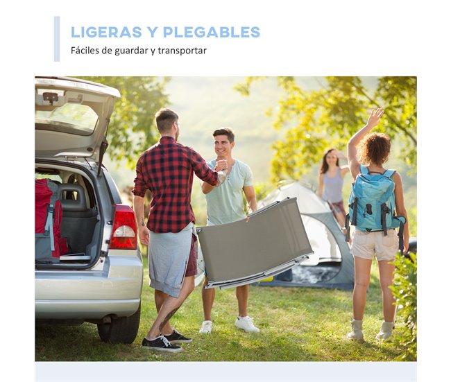 Set de 2 Tumbonas Plegables Aluminio, Texteline Outsunny Gris Claro