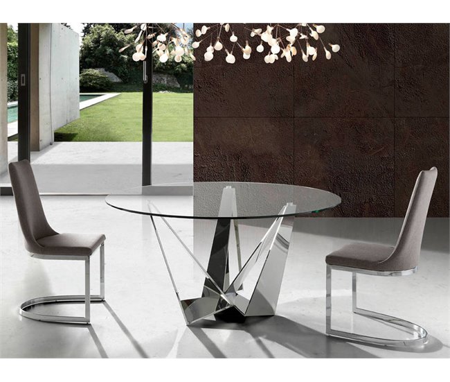 ANGEL CERDA Mesa comedor redonda cristal templado y acero cromado 150x150 Transparente