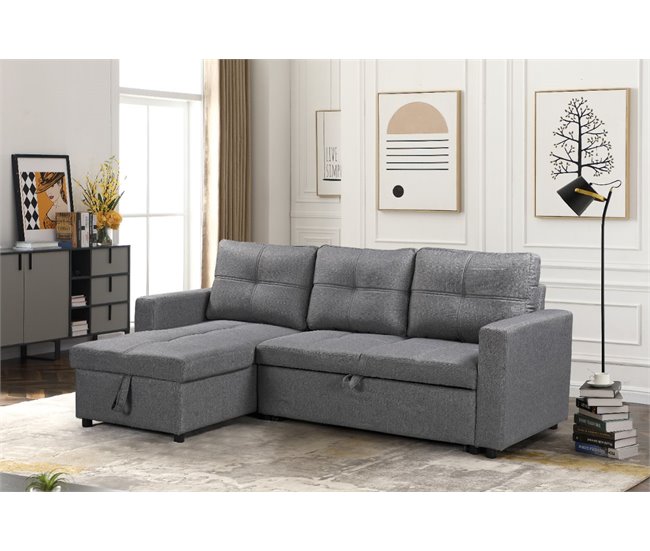 Sofá Cama Con Arcón y Chaise Longue Gris Claro