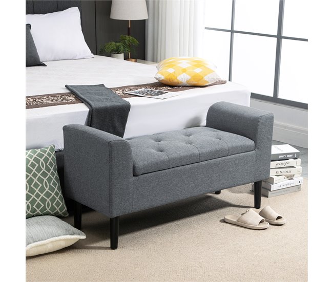 Banco Pie de Cama Poliéster, Espuma y Madera de Caucho HOMCOM Gris