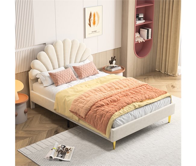 Cama doble acolchada con somier de láminas 140x203 Beige