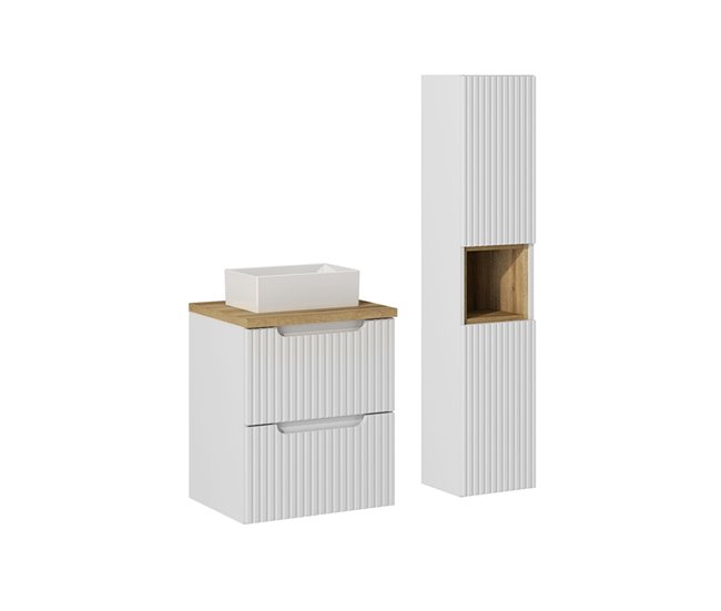 Conjunto de muebles con lavabo individual 2 cajones y columna Riva 50 Blanco/ Madera