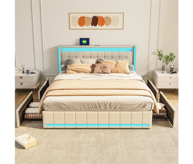 Cama, USB, Tipo C, Cama de Descanso, 4 Cajones, LED 148x213 Beige