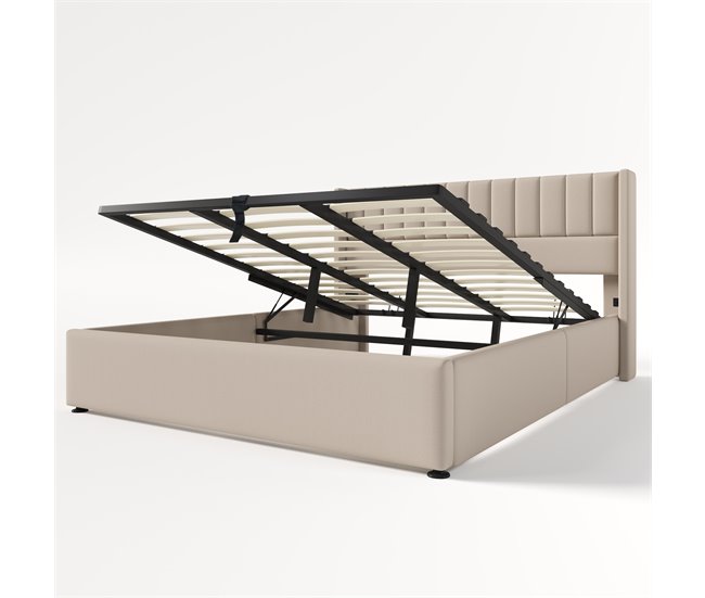 Cama de matrimonio de lino con almacenaje 153x214 Beige