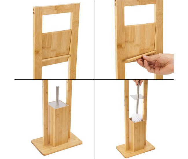 Escobillero de pie con portarrollos Västerås con escobilla bambú Gris/natural