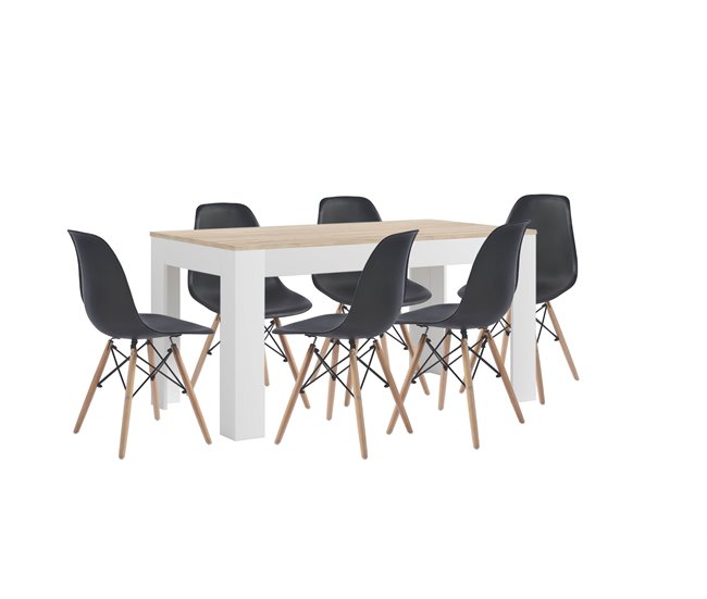 Mesa de Comedor o Cocina + 6 Sillas Estilo Nordico 138x80 Blanco/ Negro