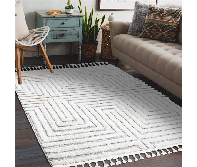 Alfombra SEVILLA Z788 laberinto griego Franjas Bereber 80x150 Blanco/ Gris
