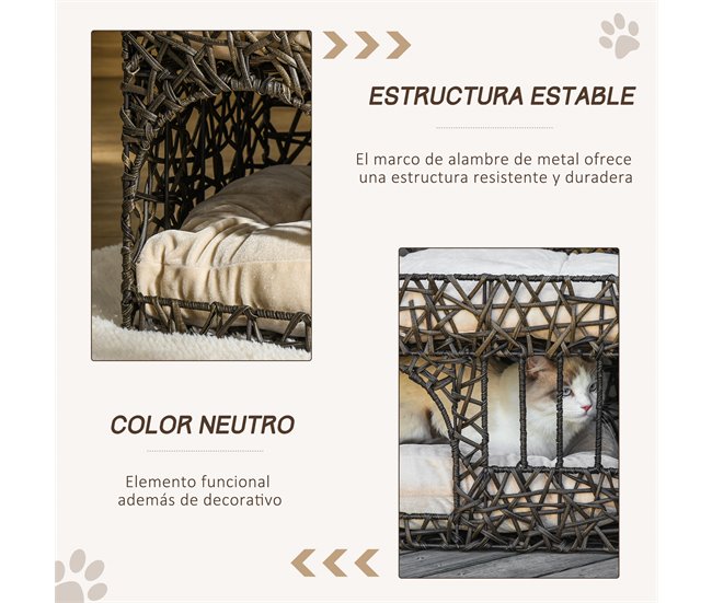 Cesta de Ratán para Gatos Metal, Ratán PE y Algodón PP PawHut Marron