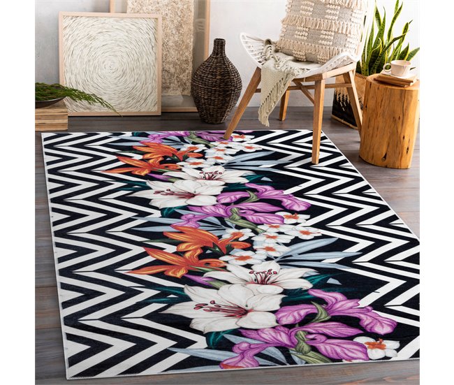 Alfombra lavable ANDRE 2300 flores zigzag 80x150 Negro