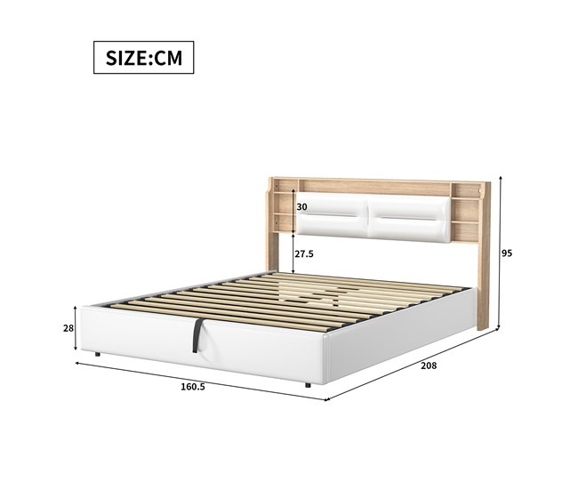 Cama tapizada doble juvenil con LED y almacenamiento hidráulico Blanco