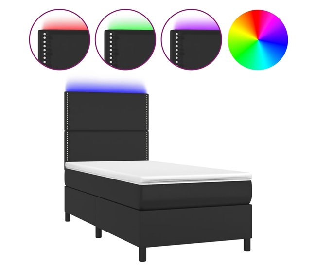 Conforama Cama box spring y colchón LED cuero sintético negro 80x200 cm Liso con clavos