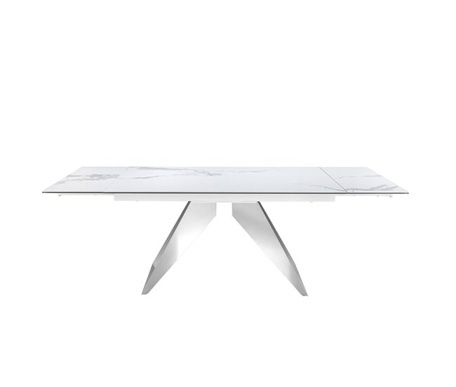 ANGEL CERDA Mesa comedor extensible rectangular mármol porcelánico y acero cromado 240x90 Blanco/ Gris
