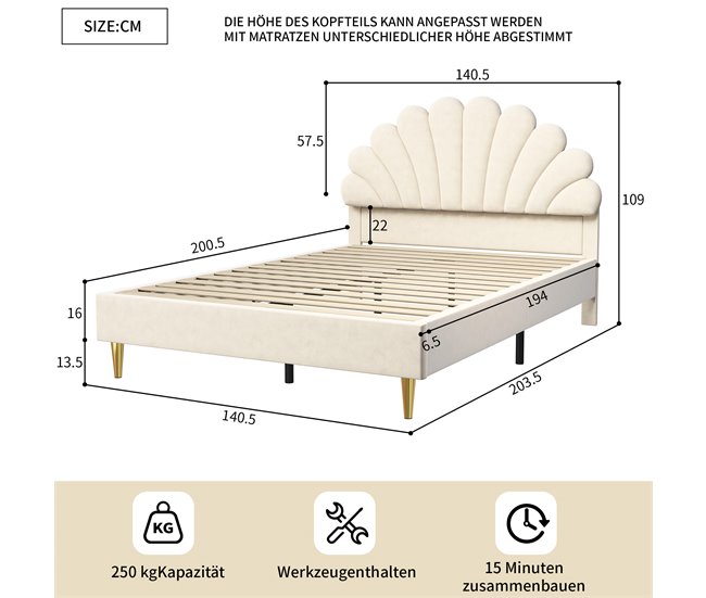 Cama doble acolchada con somier de láminas 140x203 Beige