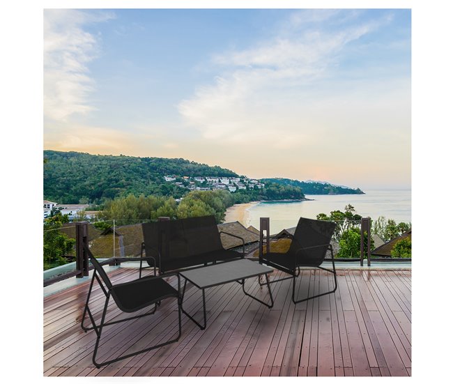 Acomoda Textil – Jardín Sofá + 2 Sillones + Mesa (4 Piezas) Negro