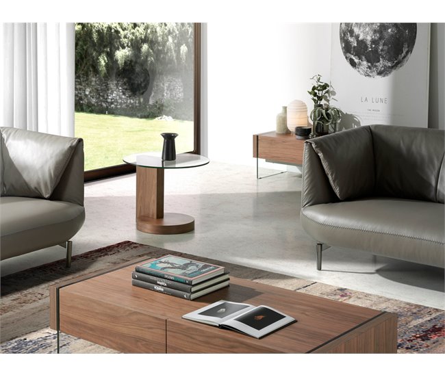 Mesa rincón redonda cristal templado y nogal Transparente