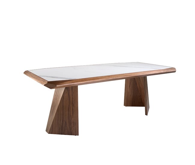 ANGEL CERDA Mesa comedor rectangular mármol porcelánico y nogal 220x110 Nogal