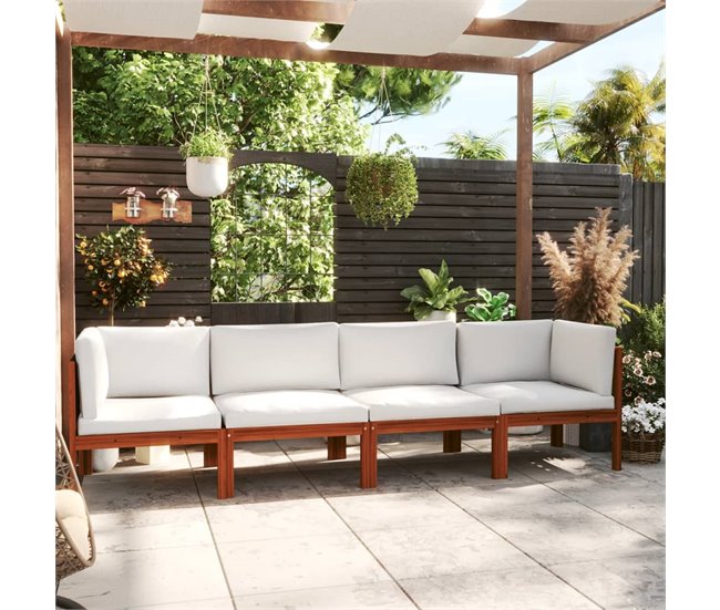 Sofá de jardín de 4 plazas con cojín madera maciza de acacia Crema
