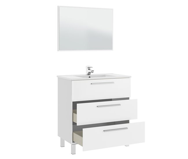 Mueble baño Alise 3 cajones espejo, sin lavabo, Blanco brillo Blanco