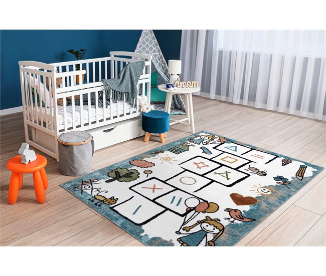 Alfombra FUN Hop para niños rayuela animales 120x170 Azul