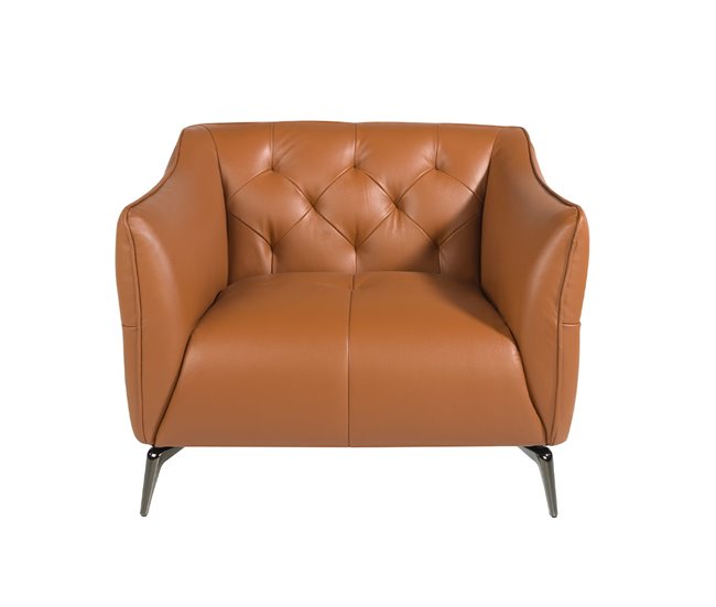 Sillón tapizado en piel con capitoné Marron Claro