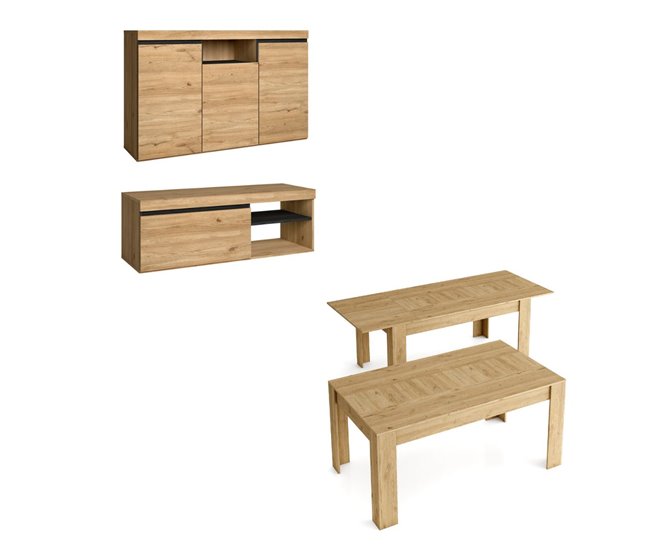 Pack de Muebles de Salón - Aparador + Mesa de Centro + Mueble TV - Modelo Naturale Roble