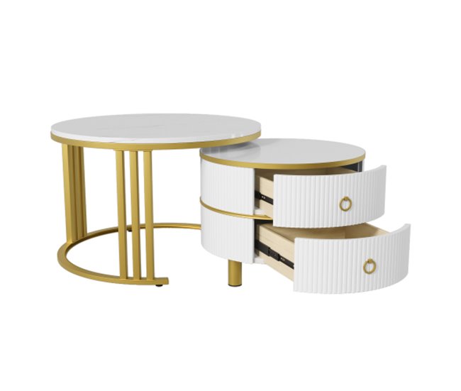 2 en 1, mesa de centro, mesa de salón, 2 cajones 70x70 Blanco