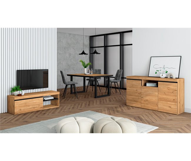 Conjunto Muebles de Salón, Mesa, Aparador, Mueble TV Roble