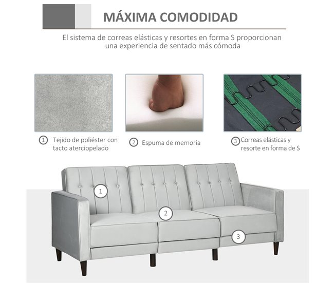 Sofá Cama Poliéster, Espuma, Madera HOMCOM Gris