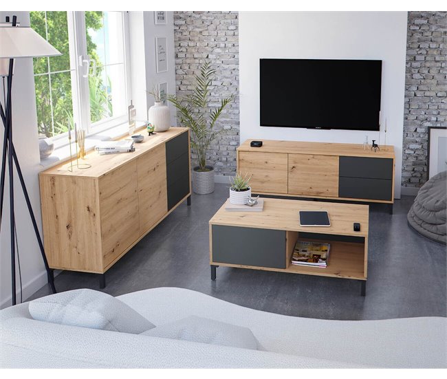 Aparador Brooklyn 2 Puertas y 3 Cajones. Muebles Salon o Comedor Negro/ Madera