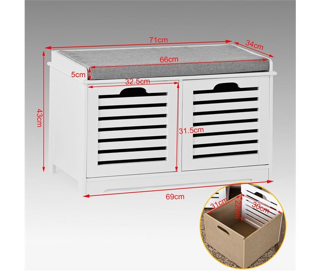 Banco de Almacenamiento con cojines y 2 Cubos FSR23-K-W SoBuy Blanco