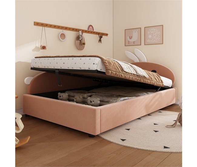 Cama con almacenaje de terciopelo Rosa
