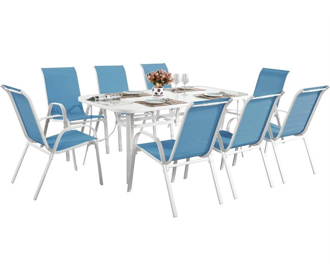 Conjunto De Jardín Mesa + 8 sillas de Textileno Azul