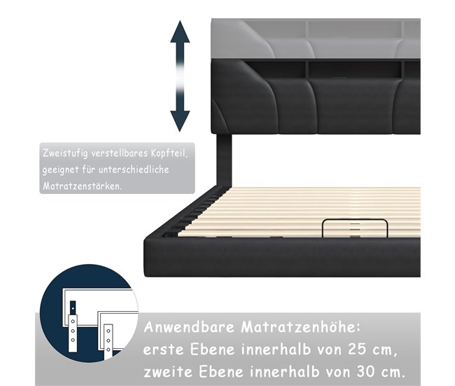 Cama doble hidráulica LED con USB y almacenamiento Gris