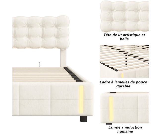 Cama contenedor acolchado, somier LED, láminas Beige