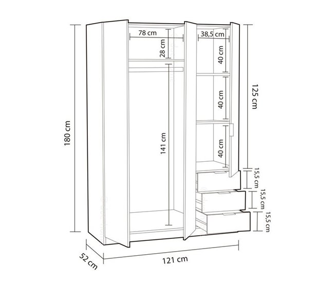 Armario Low Cost 3 puertas 3 cajones 121 Blanco