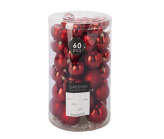 Conjunto de 60 Bolas de navidad, varias dimensiones y acabados Rojo