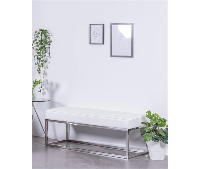 Banco diseño tapizado en polipiel con acero cromado - Praga 131x48 Blanco