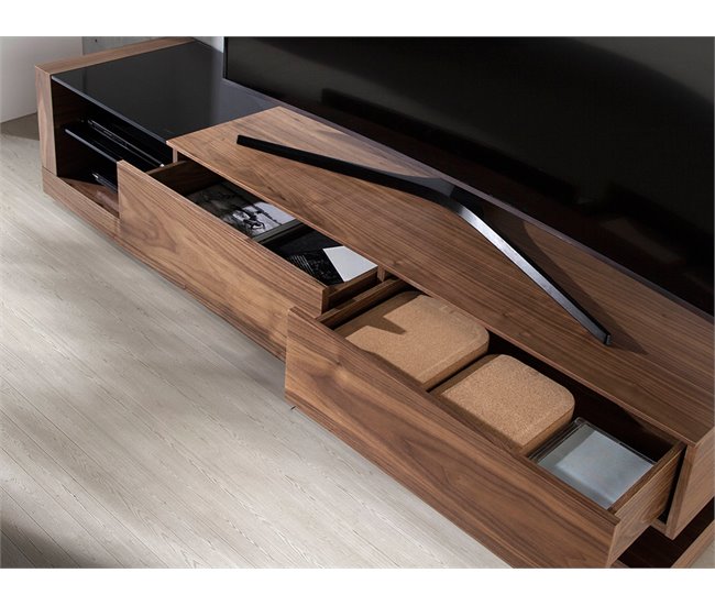 Mueble TV nogal, acero pulido y tapa de cristal negro Nogal