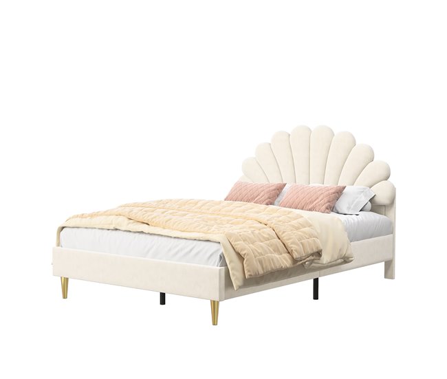 Cama doble acolchada con somier de láminas 140x203 Beige