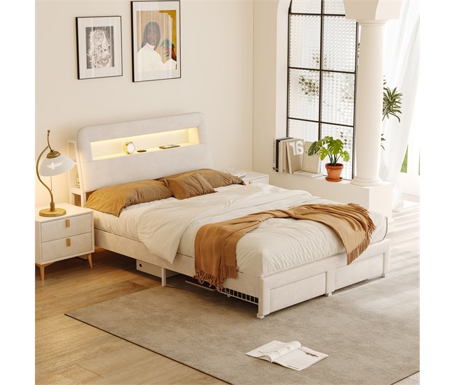 Cama tapizada, LED, USB, 2 cajones Beige