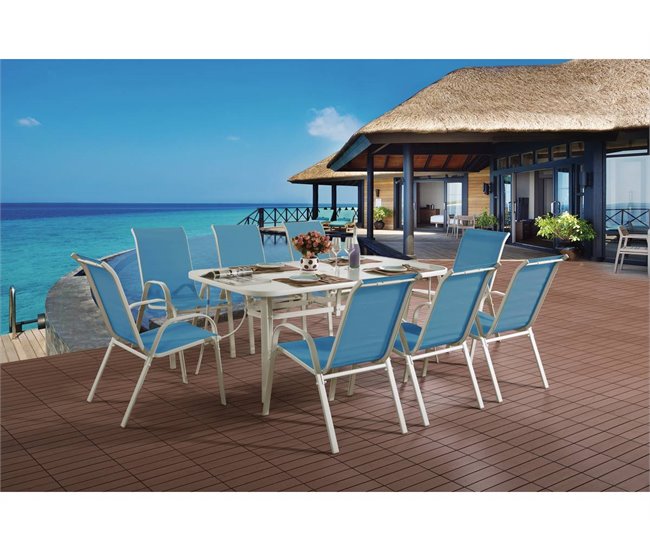 Conjunto De Jardín Mesa + 8 sillas de Textileno Azul
