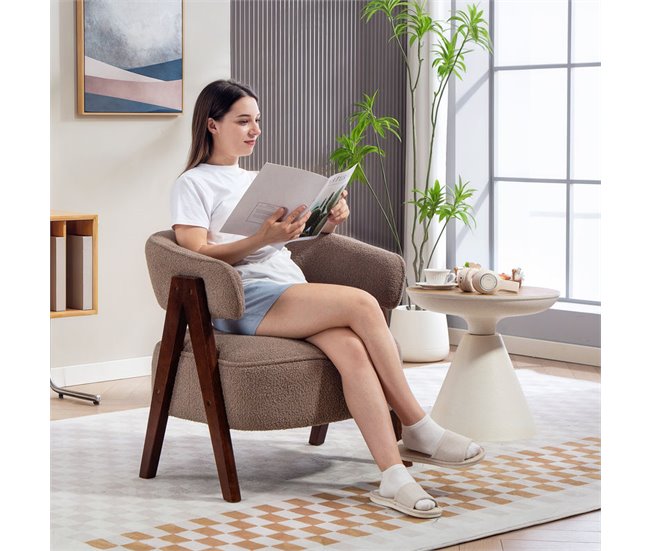 Butaca de Salón Borreguito, Madera de Caucho HOMCOM Marron