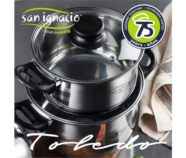 Set Juego de tres sartenes +  Batería de cocina 8 piezas Multicolor