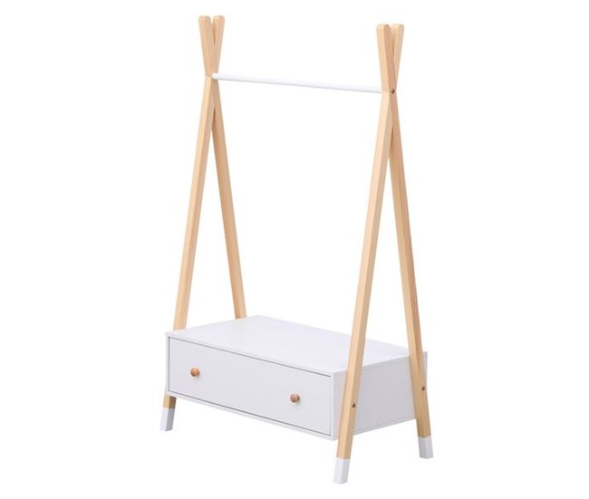 Perchero de madera y blanco con cajón para niños LOU Blanco