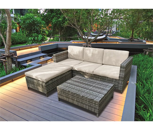 Set LANZAROTE II chaise longue con puff y mesa Marron